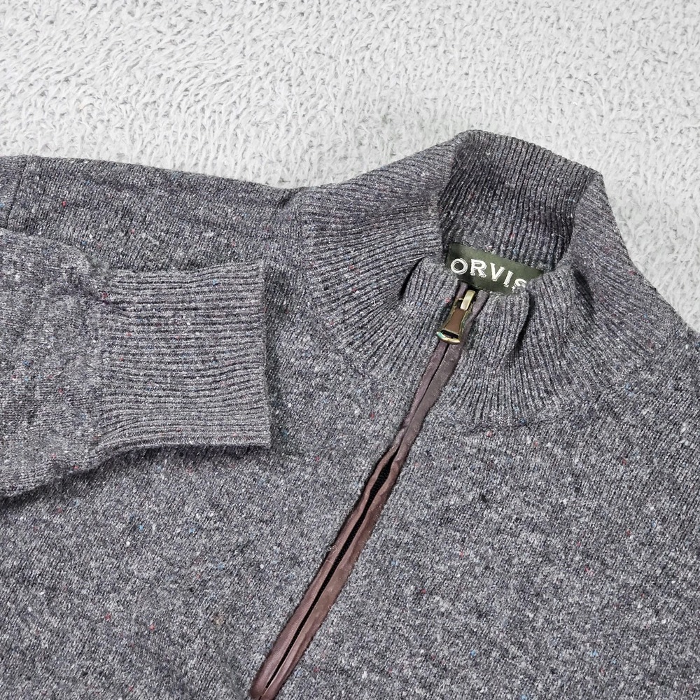 Orvis Sweater Mens Medium Gray Wool 1/4 Zip Mock Neck Suede Trim Knit Pullover‎